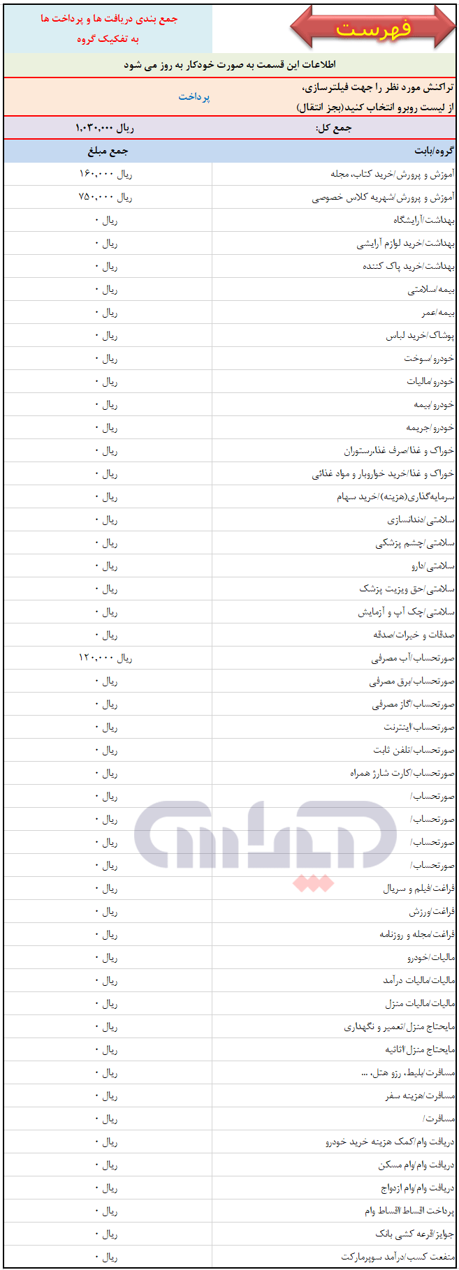 فایل اکسل حسابداری شخصی ( دریافتها و پرداختها به تفکیک)