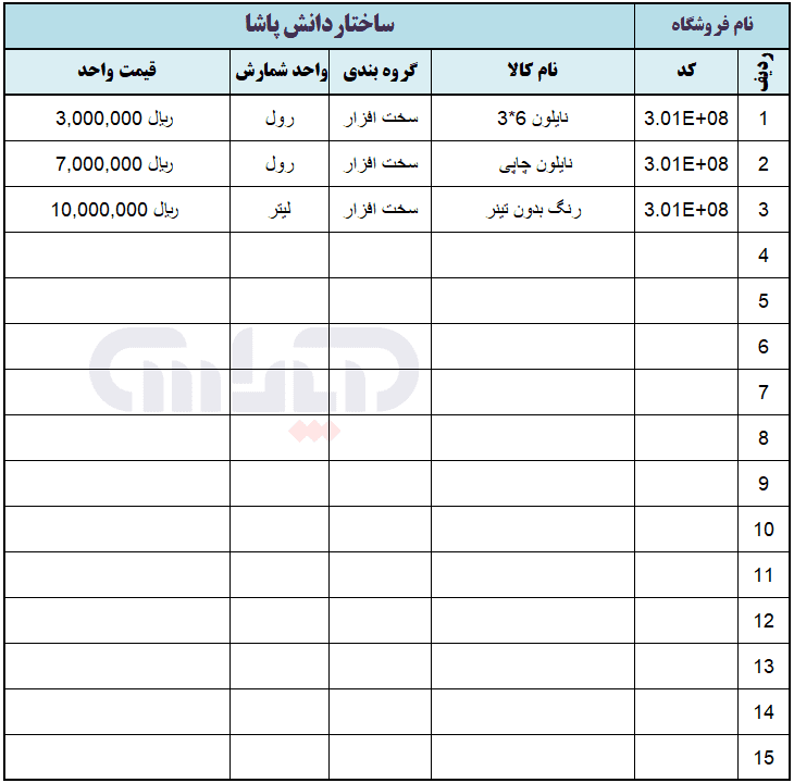 تعریف کالا در فایل اکسل مدیریت موجودی کالا