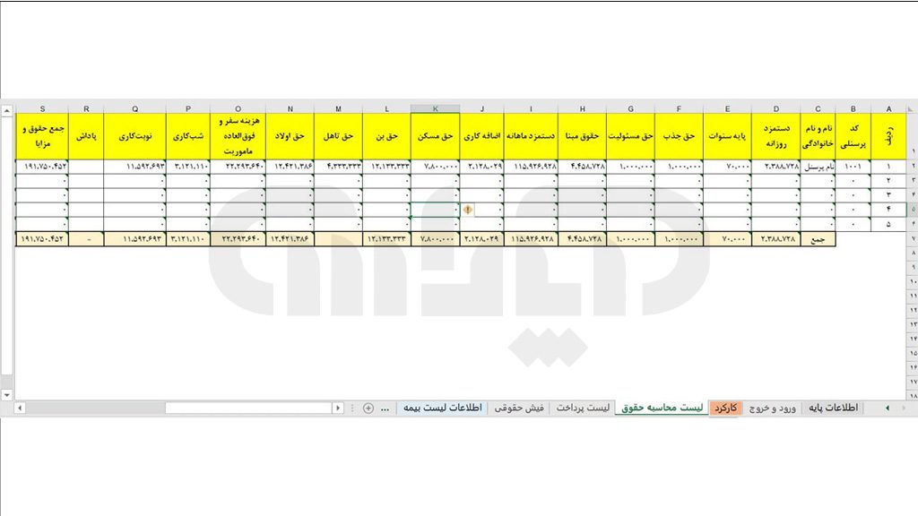 شیت لیست محاسبه حقوق در فایل اکسل حقوق و دستمزد 1403