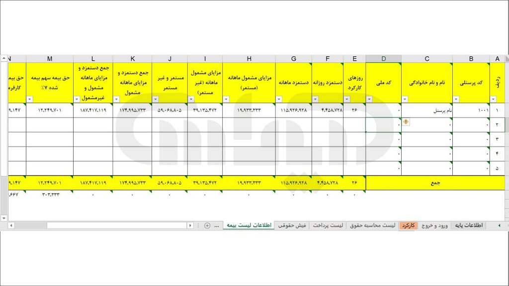شیت لیست اطلاعات بیمه در فایل اکسل حقوق و دستمزد 1403