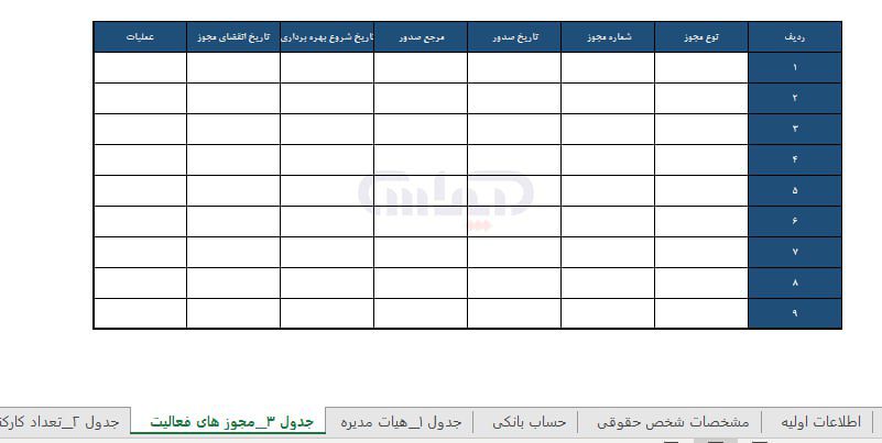 جدول مجوزهای فعالیت در فرم خام اکسل اظهارنامه مالیاتی