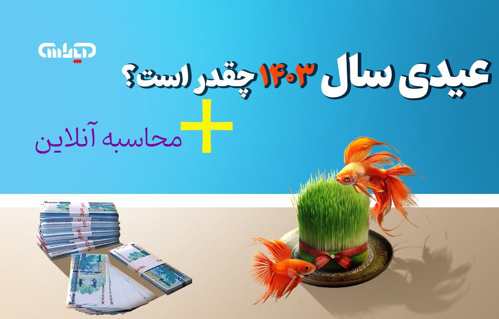 پوستر عنوان عیدی سال 1403 چقدر است؟ + محاسبه آنلاین با پس زمینه مربوط به المان های عید نوروز و پول و اسکناس و عیدی