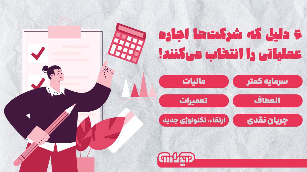 6 دلیلی که شرکت ها اجاره عملیاتی را انتخاب می کنند: 1. سرمایه کمتر 2. مالیات 3. انعطاف 4. تعمیرات 5. جریان های نقدی 6. ارتقا، تکنولوژی جدید