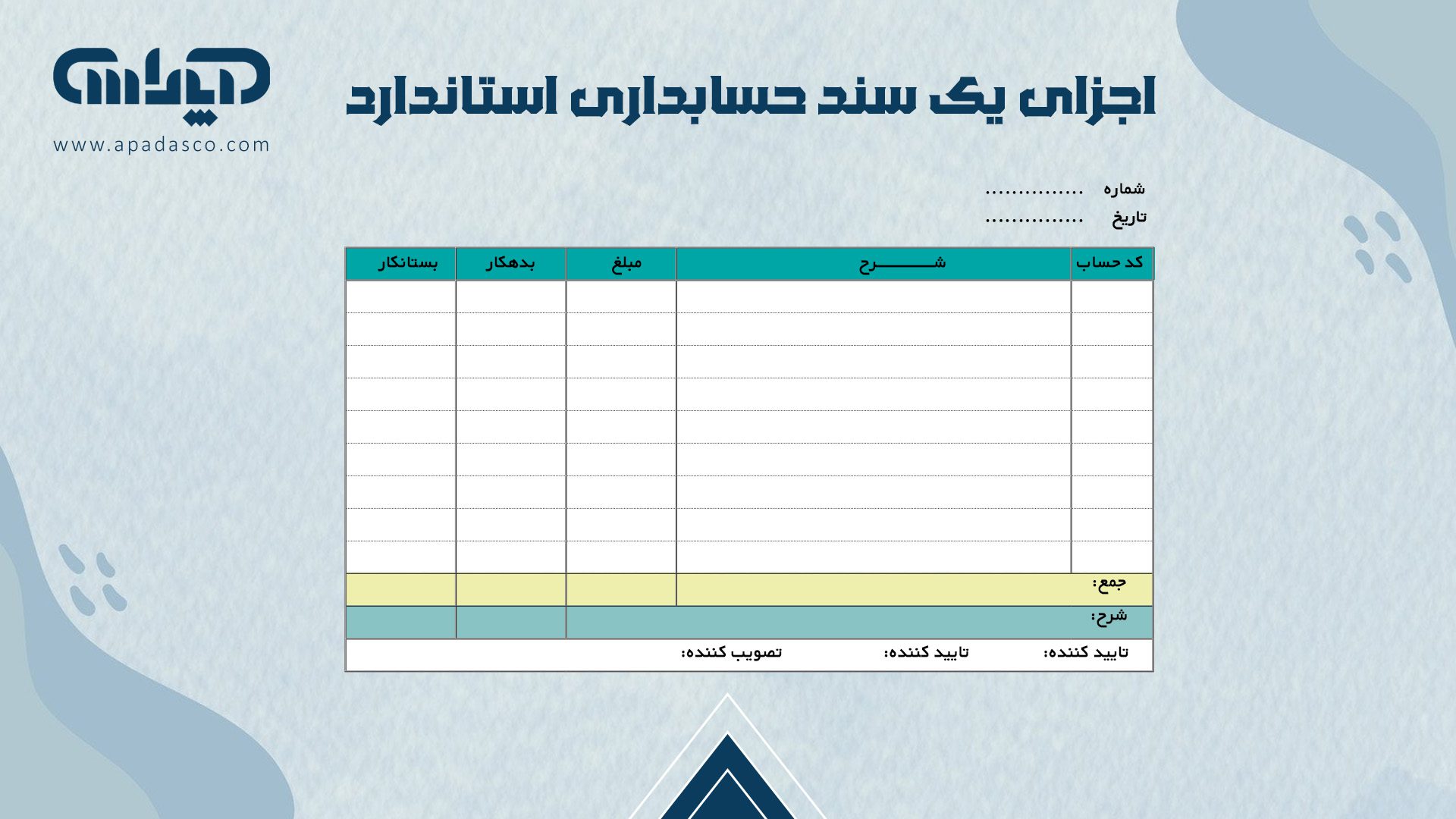 تصویر یک نمونه سند حسابداری استاندارد با بخشهای مختلف (تاریخ، شرح، شماره سند، حساب بدهکار، حساب بستانکار، مبلغ) به صورت مشخص و هایلایت شده.