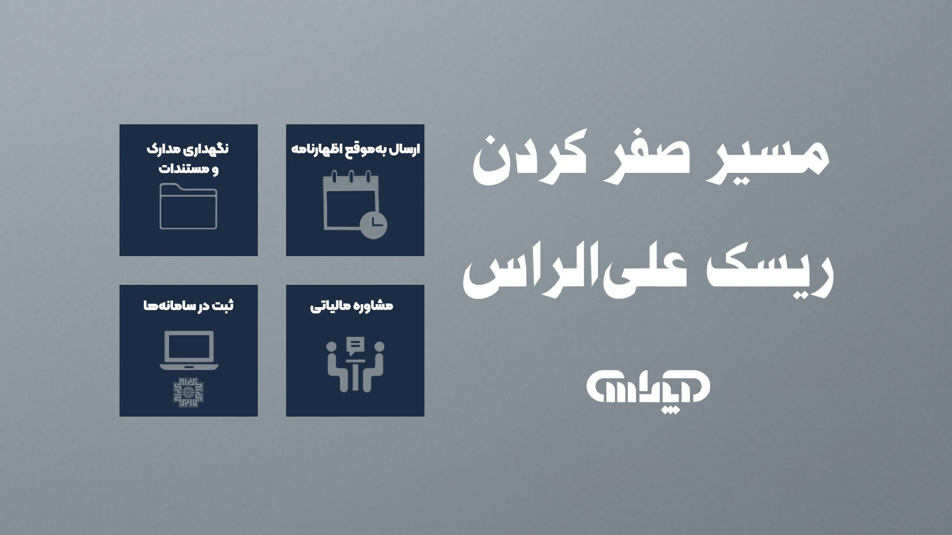 یک طرح گرافیکی جذاب با چهار آیکون اصلی: یک تقویم (برای ارائه به موقع اظهارنامه)، یک پوشه اسناد (برای نگهداری مدارک)، یک فرد مشاور (برای مشاوره مالیاتی) و یک آیکون کامپیوتر با نماد سامانه مودیان. هر آیکون راهکار مربوطه را به صورت بصری نشان دهد.